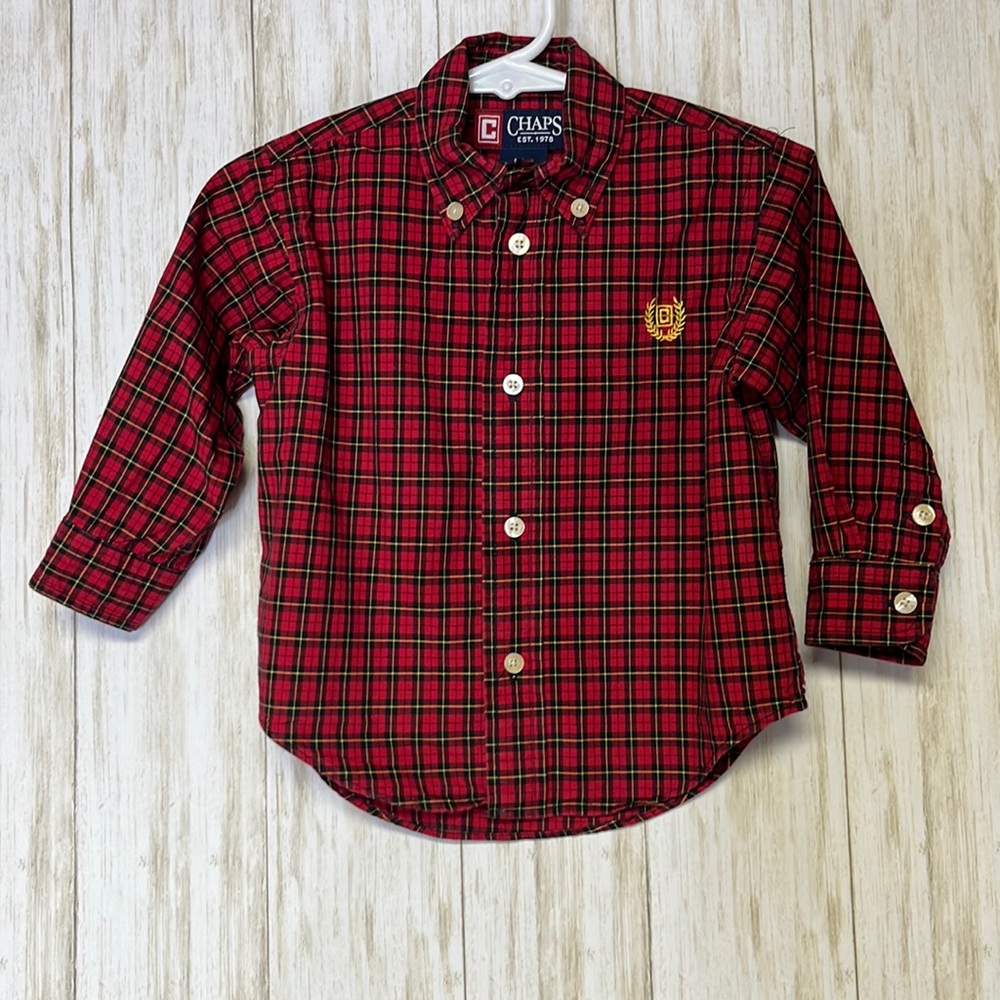 Chaps Red/Black/Yellow Plaid button-front collared shirt size 18m